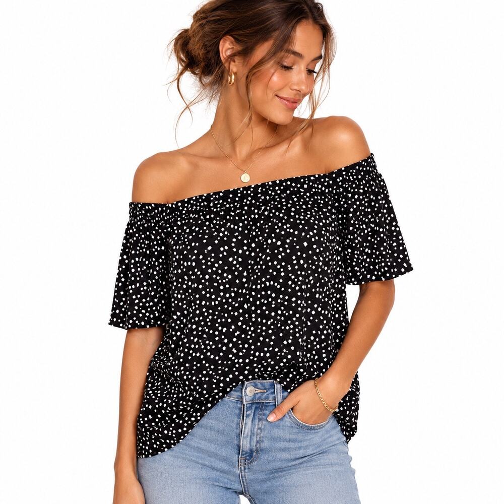 J. Jill Off Shoulder Polka Dot Top Medium Black White Boho Stretch Blouse